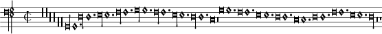 
\paper{
 oddFooterMarkup=##f
 oddHeaderMarkup=##f
 bookTitleMarkup=##f
 scoreTitleMarkup=##f
}
#(ly:set-option 'resolution 600)
mensuralTightSetting = {
 \override Score.SpacingSpanner #'base-shortest-duration = #(ly:make-moment 1 2)
 \override Score.SpacingSpanner #'common-shortest-duration = #(ly:make-moment 1 2)
 \override Score.SpacingSpanner #'shortest-duration-space = #1.5
 \override Score.SpacingSpanner #'spacing-increment = #0.05
 \override NoteSpacing #'stem-spacing-correction = #0.0
 \override Score.BarLine #'stencil = #empty-stencil
 \override Score.BarNumber #'stencil = #empty-stencil
}
\book {
 \score {
 \new MensuralVoice \relative {
 \set Score.timing = ##f
 \override NoteHead.style = #'petrucci
 \override Rest.style = #'mensural
 \override Staff.TimeSignature.style = #'mensural
 \mensuralTightSetting
 \clef "petrucci-f4"
 \time 2/2
 \override Score.Rest.Y-offset = #1
 r\longa r
 \override Score.Rest.Y-offset = #0
 r r
 \override Score.Rest.Y-offset = #-1
 r r
 g,\longa g1. d'\longa d1. e\longa e1. f\longa f1. g\longa g1.
 f\longa f1. e\longa e1. d\longa d1. c\breve
 \once \override Score.Rest.Y-offset = #-1 r\breve
 g'\breve g1. f\breve f1. e\breve e1. d\breve d1. c\breve c1.
 d\breve d1. f\breve f1. e\breve e1. d\longa r\breve
 \once \override Score.Rest.Y-offset = #0
 r1
 }
 \layout {}
 \midi {
 \tempo \breve = 60
 }
 }
}
