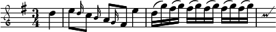 
\new Staff \relative d'' {
 \clef mensural-g
 \time 3/4
 \key g \major
 \partial 4 d4
 e8[ \grace d16 c8] \grace b16 a8[ \grace g16 fis8] e'4
 d16[( g) fis( g)] fis[( g) fis( g)] fis[( g) fis( g)]
  \once \override Voice.NoteHead #'stencil =
   #ly:text-interface::print
  \once \override Voice.NoteHead #'text =
   \markup \musicglyph #"custodes.mensural.u0"
  \once \override Voice.Stem #'stencil = ##f
  c,4
}
