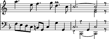 { \override Score.Rest #'style = #'classical \override Score.TimeSignature #'stencil = ##f \time 3/2 << \relative a'' { a4. e8 f4. g8 d4.\prall c8 | << { c2. ~ c2 r8 \bar ":|" } \\ { s2. <g e>2 r8 } >> }
\new Staff { \clef bass \key f \major \relative f { f8 e d c b g c4 g' g, << { c2. c2 r8 } \\ { r4 c,2 ~ c r8 } \\ { s4 r g' } >> } } >> }