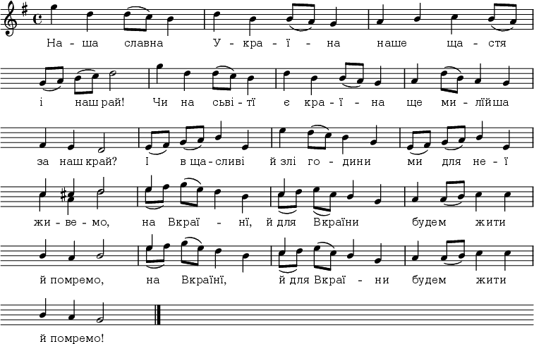 
\relative c'' {
<<
\new voice="one" {
 \autoBeamOff
 \omit Score.BarNumber
 \hide Score.MetronomeMark
 \key g \major
 \time 4/4
 \tempo 4 = 115
% 1
g'4 d d8([c]) b4 | d b b8([a]) g4 | a \once \stemUp b c b8([a]) \break
% 2
\hide Score.Clef \hide Score.KeySignature
g8([a]) b([c]) d2 | g4 d d8([c]) b4 | d b b8([a]) g4 | a d8([b]) a4 g \break
% 3
fis4 e d2 | e8([fis]) g8([a]) \once \stemUp b4 e, | e' d8([c]) b4 g | e8([fis]) g8([a]) \once \stemUp b4 e, \break
% 4
<< {c'4 cis d2 | e4 s s s | c s b g } \\ {c4 a d2 | e8([fis]) \once \slurUp g8([e]) d4 b | \once \slurDown c8([d]) e8([c]) s4 s } >> | a4 a8([b]) c4 c \break
% 5
\stemUp b4 a b2 | << { e4 s s s | c s b g } \\ { e'8([fis]) \slurUp g8([e]) \slurNeutral d4 b4 | \once \slurDown c8([d]) e8([c]) s4 s } >> | a4 a8([b]) \stemNeutral c4 c \break
% 6
\set Score.proportionalNotationDuration = #(ly:make-moment 1/4)
\stemUp b4 a g2 \bar "|." s1 \hide Score.BarLine s s
}

\new Lyrics \lyricmode {
 \set associatedVoice = #"one"
 \override LyricText.font-size = #0
На4 -- ша славна2 У4 -- кра -- ї -- на
\once \override LyricText.self-alignment-X = #LEFT наше2
ща4 -- стя і наш рай!2 Чи4 на сьві -- тї є кра -- ї -- на ще ми --
\once \override LyricText.self-alignment-X = #LEFT лїйша2
за4 наш край?2 І4 в_ща -- 
\once \override LyricText.self-alignment-X = #LEFT сливі2
й_злі4 го -- 
\once \override LyricText.self-alignment-X = #LEFT дини2
ми4 для не -- ї жи -- ве -- мо,2 на4 Вкраї2 -- нї,4 й_для
\override LyricText.self-alignment-X = #LEFT
Вкраїни2. будем2 жити
й_помремо,1 на4 Вкраїнї,2. й_для4 Вкраї2 -- ни4 будем2 жити2
й_помремо!1
}
>>
}
