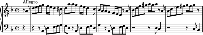 
\version "2.18.2"
\header {
  tagline = ##f
  % composer = "Domenico Scarlatti"
  % opus = "K. 89"
  % meter = "Allegro"
}

%% les petites notes
%trillBesp     = { \tag #'print { bes4.\prall } \tag #'midi { c32 bes c bes~ bes4 } }

upper = \relative c'' {
  \clef treble 
  \key d \minor
  \time 4/4
  \tempo 4 = 82
  \set Staff.midiInstrument = #"harpsichord"
  \override TupletBracket.bracket-visibility = ##f

 \partial 4
      s8*0^\markup{Allegro}
      r8 a8 | d e f g f16 e d4 cis8 | d a' a g f16 e d4 c8 | bes a a g f16 e d8 r8 a'8 |
      % ms. 4
      bes8 d f gis a16 gis a8  r8 a,8 | a c ees fis g16 fis g8 r8 s8 |


}

lower = \relative c' {
  \clef bass
  \key d \minor
  \time 4/4
  \set Staff.midiInstrument = #"harpsichord"
  \override TupletBracket.bracket-visibility = ##f

    % ************************************** \appoggiatura a16  \repeat unfold 2 {  } \times 2/3 { }   \omit TupletNumber 
      r4 r4 r8 a,8 d e f g | f d r8 a8 d e f d | g4 r8 a,8 d e f d | 
      % ms. 4
      r2 r8 d8 c4 | r2 r8 c8 bes4

}

thePianoStaff = \new PianoStaff <<
    \set PianoStaff.instrumentName = #""
    \new Staff = "upper" \upper
    \new Staff = "lower" \lower
  >>

\score {
  \keepWithTag #'print \thePianoStaff
  \layout {
      #(layout-set-staff-size 17)
    \context {
      \Score
     \override SpacingSpanner.common-shortest-duration = #(ly:make-moment 1/2)
      \remove "Metronome_mark_engraver"
    }
  }
}

\score {
  \keepWithTag #'midi \thePianoStaff
  \midi { }
}
