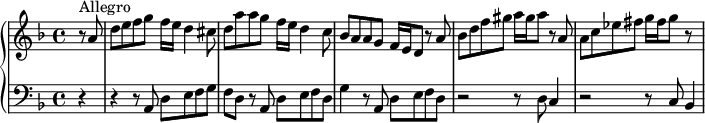 
\version "2.18.2"
\header {
 tagline = ##f
 % composer = "Domenico Scarlatti"
 % opus = "K. 89"
 % meter = "Allegro"
}

%% les petites notes
%trillBesp = { \tag #'print { bes4.\prall } \tag #'midi { c32 bes c bes~ bes4 } }

upper = \relative c'' {
 \clef treble 
 \key d \minor
 \time 4/4
 \tempo 4 = 82
 \set Staff.midiInstrument = #"harpsichord"
 \override TupletBracket.bracket-visibility = ##f

 \partial 4
 s8*0^\markup{Allegro}
 r8 a8 | d e f g f16 e d4 cis8 | d a' a g f16 e d4 c8 | bes a a g f16 e d8 r8 a'8 |
 % ms. 4
 bes8 d f gis a16 gis a8 r8 a,8 | a c ees fis g16 fis g8 r8 s8 |


}

lower = \relative c' {
 \clef bass
 \key d \minor
 \time 4/4
 \set Staff.midiInstrument = #"harpsichord"
 \override TupletBracket.bracket-visibility = ##f

 % ************************************** \appoggiatura a16 \repeat unfold 2 { } \times 2/3 { } \omit TupletNumber 
 r4 r4 r8 a,8 d e f g | f d r8 a8 d e f d | g4 r8 a,8 d e f d | 
 % ms. 4
 r2 r8 d8 c4 | r2 r8 c8 bes4

}

thePianoStaff = \new PianoStaff <<
 \set PianoStaff.instrumentName = #""
 \new Staff = "upper" \upper
 \new Staff = "lower" \lower
 >>

\score {
 \keepWithTag #'print \thePianoStaff
 \layout {
 #(layout-set-staff-size 17)
 \context {
 \Score
 \override SpacingSpanner.common-shortest-duration = #(ly:make-moment 1/2)
 \remove "Metronome_mark_engraver"
 }
 }
}

\score {
 \keepWithTag #'midi \thePianoStaff
 \midi { }
}
