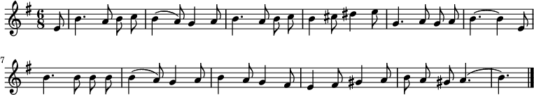 
\relative c' {
  \key e \minor
  \time 6/8
  \partial 8
  \autoBeamOff
  e8
  b'4. a8 b c
  b4( a8) g4 a8
  b4. a8 b c
  b4 cis8 dis4 e8
  g,4. a8 g a
  b4.~ b4 e,8

  b'4. b8 b b
  b4( a8) g4 a8
  b4 a8 g4 fis8
  e4 fis8 gis4 a8
  b8 a gis a4.(
  b)
  \bar "|."
}
