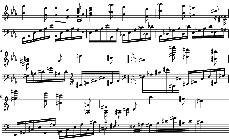 { \override Score.TimeSignature #'stencil = ##f << \new Staff { \time 6/8 \key c \minor \relative b' { <bes bes'>4 <g g'>8 q[ <ees ees'>] << { <bes' d f>8 } \\ { f16 aes } >> | <g bes ees g>4 <ces ces'>8 <aes aes'>4 <f f'>8 | <des' des'>4 <bes bes'>8 <g! g'!>4 << { dis'8 <b gis>4 } \\ { r16 <fisis cis> dis8 s } >> gis8 e'4 cis8 \bar "||" \key c \major ais4 <fis' fis'>8 <dis dis'>4 <bis bis'>8 | <gis' gis'>4 <e e'>8 <cis cis'>4 <a! a,!>8 | << { <fis a,>4 } \\ { a,8 ais16 dis } >> dis8 b''4 gis8 | eis4 s } }
\new Staff { \key c \minor \clef bass \relative g, { g16 bes ees g bes ees bes, ees g bes aes f | ees g bes ees aes,, aes' ces, ees aes ces des, des' | bes, des ges bes des, des' ees, g bes des fisis, ais | gis b dis gis bis, dis \clef treble cis e gis cis eis, gis \clef bass \key c \major fis, aes cis fis dis,, dis' fis, ais dis fis gis, gis' | e, gis cis e gis, gis' a,! cis e a cis, cis' | << { r16 fis,8. } \\ { dis4 } >> fisis16 ais gis b dis gis bis, dis | cis4 s } } >> }