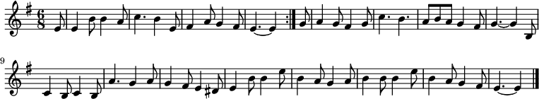 
\relative c' {
  \key e \minor
  \time 6/8
  \partial 8
  \repeat volta 2 {
    e8
    e4 b'8 b4 a8
    c4. b4 e,8
    fis4 a8 g4 fis8
    e4.~ e4
  }
  g8
  a4 g8 fis4 g8
  c4. b
  a8 b a g4 fis8
  g4.~ g4 b,8
  c4 b8 c4 b8
  a'4. g4 a8
  g4 fis8 e4 dis8
  e4 b'8 b4 e8
  b4 a8 g4 a8
  b4 b8 b4 e8
  b4 a8 g4 fis8
  e4.~ e4
  \bar "|."
}
