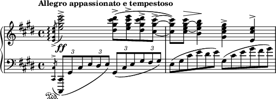 
\relative c'' {
 \new PianoStaff <<
  \new Staff { \key cis \minor \time 4/4 \set Score.tempoHideNote = ##t
   \tempo "Allegro appassionato e tempestoso" 4=132
   \acciaccatura <e cis gis e>8-> \arpeggio <e' cis gis e>2->
   <dis cis gis dis>8->( <e cis gis e>-> <dis cis gis dis>-> <cis gis cis,>-> ~
   q) <cis gis~ e~ cis>( ^\> <b gis e b>4\! <gis e cis gis>-> <e cis e,>^>
  }
  \new Dynamics {
   s8\ff
  }
  \new Staff { \key cis \minor \time 4/4 \clef bass
   \omit TupletBracket
   \acciaccatura <cis,, cis,>8^> \sustainOn
   \times 2/3 { <cis, cis,>[ ( gis' cis } \times 2/3 { e dis e) ] }
   \times 2/3 { gis,[ ( cis e } \times 2/3 { gis fis gis) ] }
   e8*2/3[ ( gis cis e dis e) ] gis,[ ( cis e gis fis gis) ]
  }
 >>
}
