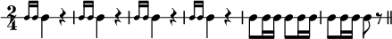 
\language "italiano"
\score {
\relative do'' {
  \time 2/4
  \override Staff.StaffSymbol.line-count = #1
  \grace { si16 si } si4 r | \grace { si16 si } si4 r | \grace { si16 si } si4 r | \grace { si16 si } si4 r | si8 si16 si si8 si16 si | si8 si16 si si8 r \bar "||"
}
  \layout {
    \context { \Staff \RemoveEmptyStaves \remove Clef_engraver }
    indent = 0\cm
    line-width = #120
    \override Score.BarNumber #'stencil = ##f
  }
  \midi { }
}
\header { tagline = ##f}
