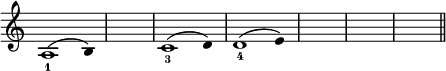 
\relative c' {
  \override Staff.TimeSignature #'stencil = ##f
  \override Stem #'stencil = ##f
  \key a \minor
  \time 5/4
  a1^(_1 b4)
  s4*5
  c1^(_3 d4)
  d1^(_4 e4)
  s4*15
  \bar "||"
}
