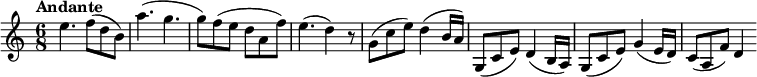  \relative c'' {\set Score.tempoHideNote = ##t \tempo "Andante" 8 = 100 \key c \major \time 6/8 e4. f8( d b) a'4.( g4. g8) f( e d a f') e4.( d4) r8 g,8( c e) d4( b16 a) g,8( c e) d4( b16 a) g8( c e) g4( e16 d) c8( a f') d4} 