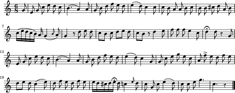 
\relative c'' {
  \override Rest #'style = #'classical
  \time 6/8
  \partial 8
  \autoBeamOff
  g8
  e g c e d c
  b4.( a4) a8
  g8 b d f e d
  e4( d8) c4 c8
  c b a a b c

  b b cis d a b
  c16[( e d c b]) a g4( \grace b8 a)
  g4 r8 d' e d
  c[ b] c d[ e] d
  c[ b] r d4 e8
  f f f e4 c8

  d4\fermata d8 r4 g,8
  e g c e d c
  b4.( a4) a8
  g b d f e d
  e4(d8) c4 g8
  g c e g e c
  a f'-> e d f e

  % tourne

  d[e] d c4( e8)
  d f e d f e
  e16[ d cis d e]\fermata d c4 \grace e8 d
  c g c e4( d8)
  c c e g4.
  c, r4
  \bar "|."
}
