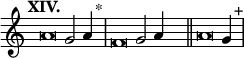 
\language "français" % pour avoir du sol, la etc...
\relative {  \key do \major \tempo "XIV."   
            \set Score.tempoHideNote = ##t \tempo 4 = 200 \cadenzaOn 
            \override Score.TimeSignature.stencil = ##f 
            \override Score.SpacingSpanner.common-shortest-duration = #(ly:make-moment 1 2) 
\tweak duration-log #-1 \tweak Stem.stencil ##f 
la'2 sol2 la4 s4.^"*"\bar "|" 
\tweak duration-log #-1 \tweak Stem.stencil ##f 
fa2 sol2 la4  s4.\bar "||"
\tweak duration-log #-1 \tweak Stem.stencil ##f 
la2 sol4  s4.^"+"\bar "|"
\cadenzaOff }
