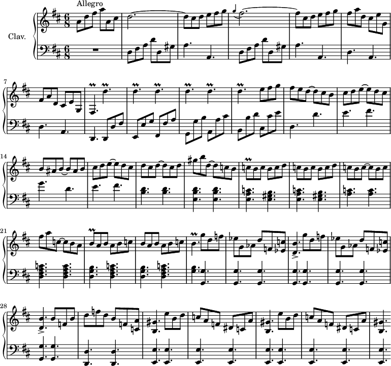 
\version "2.18.2"
\header {
 tagline = ##f
 % composer = "Domenico Scarlatti"
 % opus = "K. 401"
 % meter = "Allegro"
}

%% les petites notes
trillDp = { \tag #'print { d''4.\prall } \tag #'midi { e32 d e d~ d4 } }
trillFisp = { \tag #'print { fis4.\prall } \tag #'midi { g32 fis g fis~ fis4 } }
trillCq = { \tag #'print { c8\prall } \tag #'midi { d32 c d c } }
trillBq = { \tag #'print { b8\prall } \tag #'midi { c32 b c b } }
trillBp = { \tag #'print { b4.\prall } \tag #'midi { c32 b c b~ b4 } }

upper = \relative c'' {
 \clef treble 
 \key d \major
 \time 6/8
 \tempo 4. = 92
 \set Staff.midiInstrument = #"harpsichord"
 \override TupletBracket.bracket-visibility = ##f

 s8*0^\markup{Allegro}
 a8 d fis a a, cis | d2.~ | d8 cis d e fis g | \appoggiatura g4 fis2.~ | fis8 cis d e fis g |
 % ms. 6
 fis8 a d, cis e g, | fis a d, cis e g, | \trillFisp \repeat unfold 6 { \trillDp }
 % ms. 11 suite
 e8 fis g | fis e d~ d cis b | cis d e~ e d cis | b ais b~ b ais b | cis d e~ e d cis |
 % ms. 16
 d8 cis d~ d cis d gis b d,~ d c b | \trillCq \repeat unfold 2 { b c b c d c } b c~ c b c |
 % ms. 21
 fis8 a c,~ c b a | \trillBq a8 b a b c | b a b a b c | \trillBp \repeat unfold 2 { g'8 d f | ees g, aes d f, < ees c' >8 |
 % ms. 26
 < d b' >4.-> } | b'8 f b | d f d b f < c a' > | < b gis' >4. \repeat unfold 2 { e'8 b d | c a f dis c a' < b, gis' >4. }

}

lower = \relative c' {
 \clef bass
 \key d \major
 \time 6/8
 \set Staff.midiInstrument = #"harpsichord"
 \override TupletBracket.bracket-visibility = ##f

 % ************************************** \appoggiatura \repeat unfold 2 { } \times 2/3 { }
 R2. | \repeat unfold 2 { d,8 fis a d d, gis | a4. a, } | 
 % ms. 6
 \repeat unfold 2 { d4. a } d,4. d8 d' fis | e, e' g fis, fis' a | g, g' b | a, a' cis |
 % ms. 11
 b,8 b' d cis, cis' e | d,4. d' | e fis | g d | e fis | 
 % ms. 16
 < b, d >4. q | < e, b' d >4. q | \repeat unfold 2 { < e a c > < e gis b > } | < a c >4. q |
 % ms. 21
 < d, fis a c >4. q | \repeat unfold 2 { < d g b > < d fis a c > } | < g b > \repeat unfold 9 { < g, g' > }
 % ms. 29
 < d d' >4. q \repeat unfold 9 { < e e' >4. }

}

thePianoStaff = \new PianoStaff <<
 \set PianoStaff.instrumentName = #"Clav."
 \new Staff = "upper" \upper
 \new Staff = "lower" \lower
 >>

\score {
 \keepWithTag #'print \thePianoStaff
 \layout {
 #(layout-set-staff-size 17)
 \context {
 \Score
 \override SpacingSpanner.common-shortest-duration = #(ly:make-moment 1/2)
 \remove "Metronome_mark_engraver"
 }
 }
}

\score {
 \keepWithTag #'midi \thePianoStaff
 \midi { }
}
