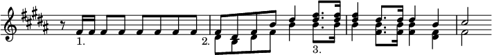 { \override Score.TimeSignature #'stencil = ##f \time 4/4 \key b \major \relative f' { r8 fis16_"1." fis fis8 fis fis fis fis fis | << { fis8 dis fis b dis4 <fis dis>8. <fis dis>16 | <fis dis>4 dis8. dis16 dis4 b | cis2 } \\ { dis,8_\markup { \halign #2 2. } b dis fis b4 b8._"3." b16 b4 <b fis>8. <b fis>16 <b fis>4 <fis dis> fis2 } >> } }