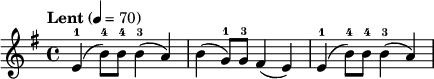 
\relative c' { \time 4/4 \clef treble \key e \minor \tempo "Lent" 4 = 70
  e4-1( b'8-4) b-4 b4-3( a) | b4( g8-1) g-3 fis4( e) | e4-1( b'8-4) b-4 b4-3( a)
}
