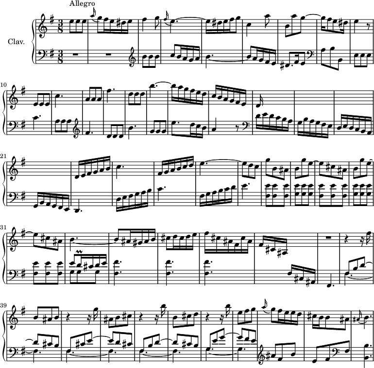 
\version "2.18.2"
\header {
  tagline = ##f
  % composer = "Domenico Scarlatti"
  % opus = "K. 233"
  % meter = "Allegro"
}

%% les petites notes
appoBp        = { \tag #'print { \appoggiatura ais16 b4. } \tag #'midi {   \tempo 4. = 60 ais8   \tempo 4. = 50 b8   \tempo 4. = 76 } }
trillDqq      = { \tag #'print { d16\prall } \tag #'midi { \times 2/3 { d32 e d } } }

upper = \relative c'' {
  \clef treble 
  \key e \minor
  \time 3/8
  \tempo 4. = 76
  \set Staff.midiInstrument = #"harpsichord"
  \override TupletBracket.bracket-visibility = ##f

      s8*0^\markup{Allegro}
      e8 e e | \appoggiatura a16 g8 fis16 e dis e | fis4 g8 | \appoggiatura fis16 e4.~ | e16 dis e fis g8 | c,4 a'8 |
      % ms. 7
      b,8 a' g~ | g16 fis8 e dis16 | e4 r8 | e,8 e e | c'4. | a8 a a | fis'4. | d8 d d |
      % ms. 15
      b'4.~ | b16 a g fis e d | c b a g fis e | { \tag #'print d16 \tag #'midi r16 } s16 s8 s8 | s4.*3 |
      % ms. 22
      d16 e fis g a b | c4.~ | fis,16 g a b c d | e4.~ | e8 d c | g' b, ais | b g' e~ |
      % ms. 29
      e8 cis ais | b g' e~ | e cis ais | b4.~ | b8 ais16 gis ais b | cis8 d16 cis d e | fis cis ais fis cis' ais |
      % ms. 36
      fis16[ cis ais]  s16 s8 | R4. | r4 r16 fis''16 | b,8 ais b | r4 r16 g'16 | ais,8 b cis | r4 r16 b'16 | b,8 cis d |
      % ms. 44
      r4 r16 b'16 | e,8 fis g | \appoggiatura a16 g8 fis16 e e d | cis b b8 ais | \appoBp |

}

lower = \relative c' {
  \clef bass
  \key e \minor
  \time 3/8
  \set Staff.midiInstrument = #"harpsichord"
  \override TupletBracket.bracket-visibility = ##f

    % ************************************** \appoggiatura a16  \repeat unfold 2 {  } \times 2/3 { }   \omit TupletNumber 
      R4.*2 |   \clef treble  b'8 b b | c b16 a g a | b4.~ | b8 a16 g fis e |
      % ms. 7
      dis8. fis16 e8 |   \clef bass a,8 b b, | e e e | c'4. | a8 a a | \clef treble  fis'4. | d8 d d | b'4. |
      % ms. 15
      g8 g g | e'8. d16 c b | a4 r8 | \clef bass d,16 e d c b a | g b a g fis e | d e d c b a | g b a g fis e | 
      % ms. 22
      d4. | d'16 e fis g a b | c4. | fis,16 g a b c d | e4. | < fis, e' >8 q q | \repeat unfold 2 { < g e' >8 q q |
      % ms. 29
      < fis e' > q q } | << { e'8 \trillDqq cis16 d e } \\ { g,8 g g } >> | \repeat unfold 3 { < fis fis' >4. }
      % ms. 36
      s8 s16 fis16 cis ais | fis4. | 
      << { fis'8 b d~ | d cis b | fis cis' e~ | e d cis | fis, b d~ | d cis b | g e' g~ | g fis e } 
      \\ { \mergeDifferentlyDottedOn  \repeat unfold 3 { fis,4.~ fis } g4.~ g } >> \clef treble 
      % ms. 46
      ais'8 fis b | e, fis \clef bass fis, | < b, b' >4. |

}

thePianoStaff = \new PianoStaff <<
    \set PianoStaff.instrumentName = #"Clav."
    \new Staff = "upper" \upper
    \new Staff = "lower" \lower
  >>

\score {
  \keepWithTag #'print \thePianoStaff
  \layout {
      #(layout-set-staff-size 17)
    \context {
      \Score
     \override SpacingSpanner.common-shortest-duration = #(ly:make-moment 1/2)
      \remove "Metronome_mark_engraver"
    }
  }
}

\score {
  \keepWithTag #'midi \thePianoStaff
  \midi { }
}
