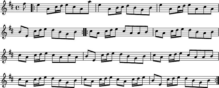 \relative f'' { \key d \major \time 4/4 \partial 8 \override Score.BarNumber #'break-visibility = #'#(#f #f #f) fis8 |
\repeat volta 2 { e4 a,8 cis16 d e8 cis a a' |
  e4 a,8 b16 cis d8 b g b | e4 a,8 cis16 d e8 a, cis a |
  b e, cis'16 d e8 d b g b }
\repeat volta 2 { cis a cis16 d e8 cis a a b |
  cis a cis16 d e8 d b a b | cis a cis16 d e8 cis a cis a |
  b e, cis'16 d e8 d b g b | cis a cis16 d e8 cis a a b |
  cis a cis16 d e8 d b g b | cis a cis16 d e8 cis a cis16 d e8 |
  b e, cis'16 d e8 d b g b } }