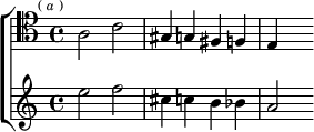  \new ChoirStaff <<
  \new Staff \relative a { \clef tenor \key a \minor \time 4/4 \mark \markup \tiny { (\italic"a") }
    a2 c | gis4 g fis f | e s }
  \new Staff \relative e'' { \key a \minor
    e2 f | cis4 c b bes | a2 } >>