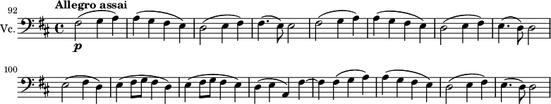 
\new Partition { \new Portée { \relative c { \set Portée.instrumentName = #"Vc."  \set Staff.midiInstrument = #"violoncelle" \set Score.currentBarNumber = #92 \time 4/4 \key d \major \clef bass \tempo "Allegro assai" 2 = 60 \set Score.tempoHideNote=##t \ barre "" fis2\p( g4 a) |  a4( g fis e) |  d2( e4 fis) |  fis4.( e8) e2 |  fis2( g4 a) |  a4( g fis e) |  d2( e4 fis) |  e4.( d8) d2 |  \break e( fis4 d) |  e( fis8 g fis4 d) |  e( fis8 g fis4 e) |  d( ea,) fis'~ |  fis fis( ga) |  a( g fis e) |  d2( e4 fis) |  e4.( d8) d2 } } }
