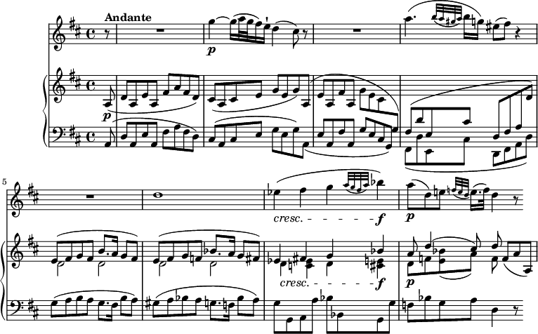 
\version "2.18.2"
\header {
  tagline = ##f
}

upper = \relative c'' {
               \key d \major
               \time 4/4
               \tempo 4 = 60
            \partial8 a,8\p (d a e' a, fis' a fis d)
            cis (a cis e g e g) a,
            ^ (e' a, fis' a, g' e cis \change Staff =lower g)
            \stemUp fis ^(d' e, cis' d, fis a  \change Staff =upper d)
             << {\stemDown d2 d d d d4 \cresc <c ees> d <cis e>\f d8\p f! <e bes'> _ (a) f} 
            \\ { \stemUp e8 ^ (fis g fis b8. a16 g8 fis) e ^(fis g f bes8. a16 g8 fis) ees4  fis! g bes a8 d4 ^ (cis8) d } >>   
             f, (a a,)
            }
   
lower =  \relative c' {
                \clef bass 
                \key d \major
                \time 4/4
          \partial8  a,8 (d a e' a, fis' a fis d)
          cis (a cis e g e g) a,
           _ (e' a, fis' a, g' e cis g)
          \stemDown  fis _ (d' e, cis' d, fis a  d)
          g ^ (a b a g8. fis16 b8 a)
          gis^ (a bes a g8. f16 bes8 a)
          g g, a a' bes bes, g g'
          f bes g a d,4 r8
             }
      
 vl = \relative c'' {
              \key d \major
              \time 4/4
          \partial8  r8  ^ \markup \bold {{"Andante"}}  R1
           g'4 \p ~ g16 (a32 g fis16) e16-! d4 (cis8) r R1
           a'4. (\grace {b32 _\(a gis a\) } b16 g!) eis8 (fis) r4 | R1 | d1
           ees4 \cresc (fis g \grace {a32 _\(g fis a\)}  bes4\f)
           a8\p (d,) e! \grace {f32 (e d} e16.) ([f32]) d4 r8
                 }
                 
                 
\score {
    \new GrandStaff <<
      \new PianoStaff <<  
        \new Staff = "upper" \upper
        \new Staff = "lower" \lower
       \set Staff.midiMinimumVolume = #0.2 \set Staff.midiMaximumVolume = #0.5
    >>
   \new Staff = "vl" \vl
    >>
    
    \layout {
    \context {
      \Score
      \remove "Metronome_mark_engraver"
    }
  }
  \midi { }
}
