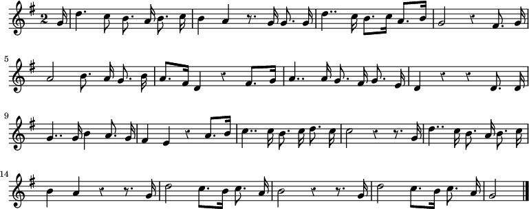 
\relative c'' {
  \override Rest #'style = #'classical
  \key g \major
  \override Staff.TimeSignature #'style = #'single-digit
  \time 2/2
  \partial 16
  \autoBeamOff
  g16
  d'4. c8 b8. a16 b8. c16
  b4 a r8. g16 g8. g16
  d'4.. c16 b8.[ c16] a8.[ b16]
  g2 r4 fis8. g16
  a2 b8. a16 g8. b16

  a8.[ fis16] d4 r fis8.[ g16]
  a4.. a16 g8. fis16 g8. e16
  d4 r r d8. d16
  g4.. g16 b4 a8. g16
  fis4 e r a8.[ b16]
  c4.. c16 b8. c16 d8. c16

  c2 r4 r8. g16
  d'4.. c16 b8. a16 b8. c16
  b4 a r r8. g16
  d'2 c8.[ b16] c8. a16
  b2 r4 r8. g16
  d'2 c8.[ b16] c8. a16
  g2
  \bar "|."
}
