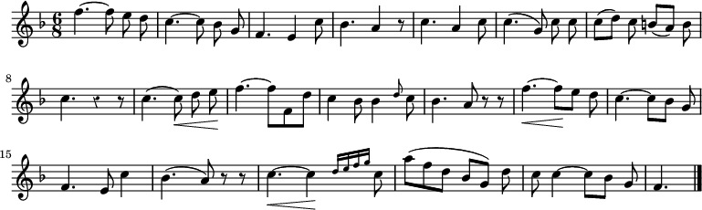 
\relative c'' {
  \override Rest #'style = #'classical
  \key f \major
  \time 6/8
  \autoBeamOff
  f4.~ f8 e d
  c4.~ c8 bes g
  f4. e4 c'8
  bes4. a4 r8
  c4. a4 c8
  c4.( g8) c c

  c[( d]) c b[( a]) b
  c4. r4 r8
  c4.( c8\<) d e\!
  f4.~ f8[ f, d']
  c4 bes8 bes4 \grace d8 c
  bes4. a8 r r
  f'4.\<~ f8\![ e] d

  %tourne

  c4.~ c8[ bes] g
  f4. e8 c'4
  bes4.( a8) r r
  c4.\<~ c4\! \grace { d16[ e f g] } c,8
  a'8([ f d] bes[ g]) d'
  c8 c4~ c8[ bes] g
  f4.
  \bar "|."
}
