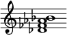 {
  % Rivin lopun pystyviiva ja tahtiosoitus piiloon.
  \override Score.BarLine.break-visibility = ##(#f #t #t)
  \override Staff.TimeSignature #'stencil = ##f
  
  <des' fes' aes' bes'>1
}
