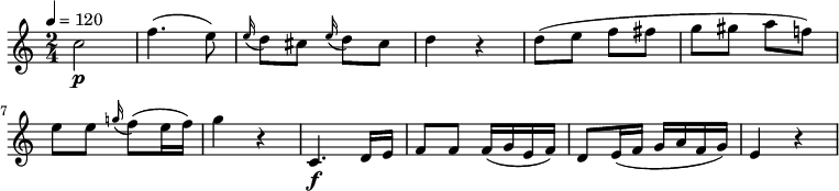 
\relative c'' {
   \version "2.18.2"
   \key c \major
   \time 2/4
   \tempo 4 = 120
   \tempo "Presto"
  c2\p f4. (e8)
  \grace e16 (d8) cis \grace e16 (d8) cis
  d4 r4
  d8 (e f fis g gis a f!)
  e e \grace g!16 (f8) (e16 f)
  g4 r4
  c,,4.\f d16 e
  f8 f f16 (g e f)
  d8 e16 (f g a f g)
  e4 r4
  }
