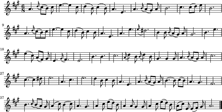 
\relative c'' {
  \key a \major
  \time 6/8
  a4. \appoggiatura d16 cis8([ b)] cis
  e4.~ e4 cis8
  d4( b8) cis4( b8)
  a4. e
  a \appoggiatura b16 a8([ gis)] a
  b2.
  cis4. cis8[( d]) e
  b2.

  a4. \appoggiatura d16 cis8( b) cis
  e4.~ e4 cis8
  d4( b8) cis4 b8
  a4. e
  a e'
  \appoggiatura e16 dis2.
  b4 b8 \appoggiatura b16 a8[( gis]) a
  gis2.
  b4. e

  e4( cis8) a[( fis]) gis
  e4. \appoggiatura gis16 fis4.
  e2.
  b'4. b
  cis2.
  \appoggiatura a16 d4 b8 \appoggiatura b16 d4 b8
  gis4. gis4 gis8
  a4. \appoggiatura b16 a8[( gis]) a
  cis2.
  cis4.~ cis4 dis8

  e2.
  a,4. cis
  e2.
  d4 b8 cis4 b8
  a4. e
  a \appoggiatura b16 a8[( gis]) a
  b4.~ b8 cis[( b])
  a4. gis
  fis2.
  b4. \appoggiatura cis16 b8[( a]) gis
  a4( cis8) b4( cis8)
  a4. gis
  a4 cis8 e[( d]) b
  a4 a8 gis4 gis8
  a4 cis8 e[( d]) b
  a[( cis]) e, e[( fis]) gis
  a2.
  \bar "|."
}
