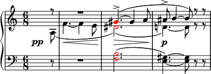 
 {
 \new PianoStaff <<
 \new Staff <<
 \new Voice \relative c'' {
 \clef treble \key a \minor \time 6/8
 \voiceOne \partial8 r8 R2. \once \override NoteHead.color = #red gis4.->(~ gis4 a8 ais8-> b4~ b8) r r
 }
 \new Voice \relative c' {
 \override DynamicLineSpanner.staff-padding = #4.5
 \once \override DynamicText.X-offset = #-5
 \voiceTwo \partial8 a\pp( f'4.~\< f4 e8 \once \override NoteHead.color = #red dis2.)(\> d!4.)~\p d8 r r
 }
 >>
 \new Staff <<
 \relative c {
 \clef bass \key a \minor \time 6/8
 \partial8 r8 R2. \once \override NoteHead.color = #red <f b>2.( <e gis>4.)~ <e gis>8 r r
 }
 >>
 >> }
