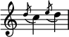  {{\override Score.TimeSignature #'stencil = ##f    \relative c'' {        \time 2/4        \slashedGrace { d8( } c4)        \slashedGrace { e8( } d4)    }} }