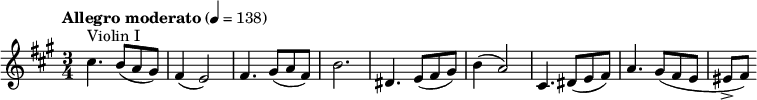  \ relative c '' {\ скрипичный ключ \ время 3/4 \ key a \ major \ tempo quot;Allegro moderatoquot; 4 = 138 cis4. ^ quot;Скрипка Iquot; b8 (a gis) | fis4 (e2) | fis4. gis8 (a fis) | Би 2. | дис, 4. e8 (фис гис) | b4 (a2) | цис, 4. dis8 (e fis) | а4. gis8 (fis e | eis -gt; [fis)]} 