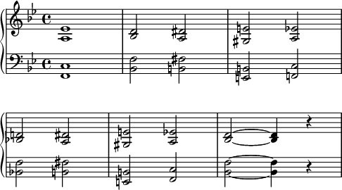 
\language "italiano"
porteeA = \relative do' {
  <mib la,>1 | <re sib>2 <red la> | <mi sold,> <mib la,> | \break
  \override Score.Clef.break-visibility = ##(#f #f #f)
  \override Score.KeySignature.break-visibility = ##(#f #f #f)
  <re! sib!> <red la> | <mi sold,> <mib la,> | <re sib>~ <re sib>4 r | 
}
porteeB = \relative do {
  <do fa,>1 | <fa sib,>2 <fad si,> | <si, mi,> <do fa,!> | \break
  \override Score.Clef.break-visibility = ##(#f #f #f)
  \override Score.KeySignature.break-visibility = ##(#f #f #f)
  <fa sib,!> <fad si,> | <si, mi,> <do fa,> | <fa sib,>~ <fa sib,>4 r |
}
\score {
  \new PianoStaff <<
    \new Staff = "mel" <<
      \clef treble \time 4/4 \key sib \major
      \new Voice = "mel"  { \porteeA }
    >>
    \new Staff = "mel" <<
      \clef bass \key sib \major
      \new Voice = "mel"  { \porteeB }
    >>
  >>
  \layout {
    \context { \Staff \RemoveEmptyStaves }
    \context { \Score \override SpacingSpanner.base-shortest-duration = #(ly:make-moment 1/16) }
    indent = 0\cm
    \override Score.BarNumber #'stencil = ##f
    line-width = #120
  }
  \midi { }
}
\header { tagline = ##f}
