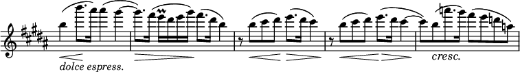 
\relative c''' \new Staff \with { \remove "Time_signature_engraver" } {
 \set Score.tempoHideNote = ##t \tempo "" 4=56 \key b \major \time 4/4
 b4_\markup { \italic { dolce espress. } } \< ( b'8.\! ais16) ais4( gis~
 gis8.) \> fis16( e^\prall dis e gis\! ) fis8.( dis16 b4)
 r8 b\< ( cis dis\! ) e8.\> ( dis16 cis4) r8\! b\< ( cis dis) e8.\> ( dis16 cis4~
 cis8\! ) [ b\cresc ( a'8.\! gis16] ) fis8( e d a)
}
