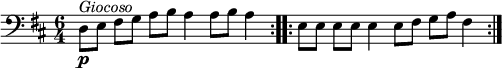 {\ klucz wiolinowy \ klucz d \ dur \ czas 6/4 \ zestaw Wynik.tempoUkryjUwaga = ## t \ tempo 4 = 140 \ powtórz volta 2 {d8 \ p [^ \ znacznik {\ kursywa {Giocoso}} e] f ostry [g] a [b] a4 a8 [b] a4} \ powtórz volta 2 {e8 [e] e [e] e4 e8 [fis] g [a] fis4}}