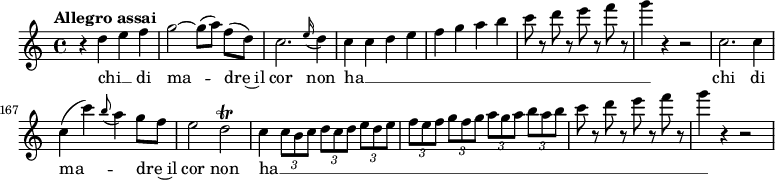 
\relative c'' {
 \tempo "Allegro assai"
 \key c \major
 \time 4/4
 \autoBeamOff
 \set Score.currentBarNumber = #159
 % Permit first bar number to be printed
 r4 d e f | g2~ g8 [(a)] f [(d)] | c2. \grace e16 (d4) | c c d e | f g a b | c8 r d r e r f r | g4 r r2 | c,,2. c4 | c (c') \grace b8 (a4) g8 [f] | e2 d\trill | c4 \times 2/3 {c8 [b c]} \times 2/3 {d [c d]} \times 2/3 {e [d e]} | \times 2/3 {f [e f]} \times 2/3 {g [f g]} \times 2/3 {a [g a]} \times 2/3 {b [a b]} | c8 r d r e r f r | g4 r r2 |
}
 \addlyrics {
 chi __ _ di ma -- dre~il cor non ha __ _ _ _ _ _ _ _ _ _ _ _ _ chi di ma -- _ dre~il cor non ha __ _ _ _ _ _ _ _ _ _ _ _ _
 }
