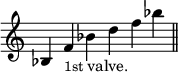 { \override Score.TimeSignature #'stencil = ##f \time 6/4 \relative b { bes4 f'_\markup { \smaller 1st valve. } bes d f bes \bar "||" } }