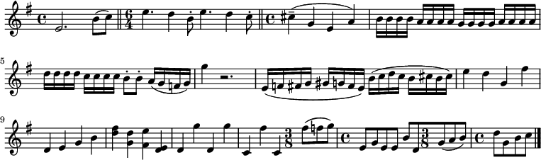 \relative c' { \key g \major e2. b'8(c) \bar "||" \time 6/4 e4. d4 b8-. e4. d4 c8-. \bar "||" \time 4/4 cis4--(g(e(a))) b16 b b b a a a a g g g g a a a a d d d d c c c c b8-. b-. a16(g(f(g) g'4 r2. e,16(f(fis(g(gis(g(fis(e))))))) b'(c(d(c(b(cis(b(cis))))))) e4 d g, fis' d, e g b <fis' d> <d g,> <e fis,> <e, d> d g' d, g' c,, fis' c, \time 3/8 fis'8(f(g)) \time 4/4 e, g e e b' d, \time 3/8 g(a(b)) \time 4/4 d g, b c \bar "|." }