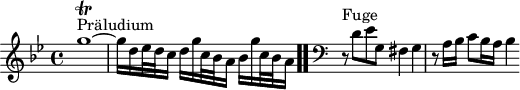 
\version "2.18.2"
\header {
  tagline = ##f
}

\score {
  \new Staff \with {
%fontSize = #-2
  }
<<
  \relative c'' {
    \key g \minor
    \time 4/4

     %% INCIPIT CBT I-16, BWV 861, sol mineur
     s4*0^\markup{Präludium} g'1~\trill g16 d ees32 d c16 d g c,32 bes a16 bes16 g' c,32 bes a16 
 \bar ".."
      \skip 8*1
      %\once \override Staff.Clef.full-size-change = ##t
     \override Staff.Clef.extra-offset = #'( -1 . 0 )
      \clef bass
      \partial 1
      \relative c
      r8^\markup{Fuge} d,8 ees g, fis4 g r8 a16 bes c8 bes16 a bes4
  }
>>
  \layout {
     \context { \Score \remove "Metronome_mark_engraver" 
     \override SpacingSpanner.common-shortest-duration = #(ly:make-moment 1/2) 
   }
  }
  \midi {}
}
