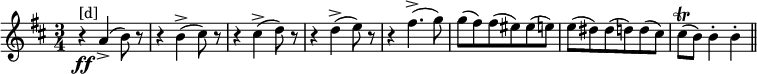 \ relativa c '' '{\ clave d \ mayor \ tiempo 3/4 r4 \ ff ^ "[d]" a, -> (b8) r r4 b -> (cis8) r r4 cis -> (d8) r r4 d -> (e8) r r4 fis4 .-> (g8) g (fis) fis (eis) eis (e) e (dis) dis (d) d (cis) cis \ trill (b) b4-.  B-.  \ bar "||"}