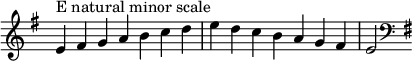  {
override Score.TimeSignature #'stencil = ##f
relative c' {
  clef treble key e minor time 7/4 e4^markup "E natural minor scale" fis g a b c d e d c b a g fis e2 clef bass key e minor
} }
