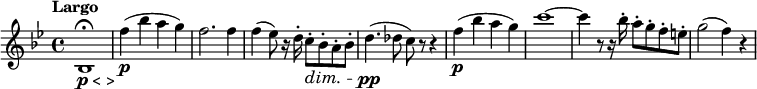 \ version "2.18.2" \ relative c'{\ key bes \ major \ time 4/4 \ time " Largo " \ time 4 = 50 bes, 1 ^ \ stop _ \ balisage {\ dynamic {p} <> } f''4 \ p (bes ag) f2. f4 f (ees8) r16 d-. c8 -.\ dim bes-. à-. bes-. d4. \ pp (des8 c) r r4 f4 \ p (bes a g) c1 ~ c4 r8 r16 bes16-. a8-. g-. F-. Et-. g2 (f4) r}