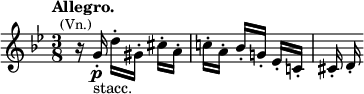 
  \relative c'' { \clef treble \key g \minor \time 3/8 \tempo "Allegro." r16^\markup{\center-align \smaller (Vn.)} g-.]\p_"stacc." d'-.[ gis,-.] cis-.[ a-.] | c!-.[ a-.] bes-.[ g!-.] es-.[ c!-.] | cis-. d-. }
