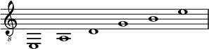 \new Staff \with { midiInstrument = "trumpet" \remove "Time_signature_engraver"} {\time 6/1\clef "G_8" {e,1 a, d g b e'}}
\midi {
    \context {
      \Score
      tempoWholesPerMinute = #(ly:make-moment 100 2)
   }} 