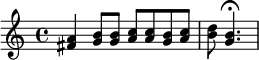 \ related c '{\ set Staff.midiInstrument = # "corno francés" <fa sostenido a> 4 <g b> 8 <g b> <a c> <a c> <g b> <a c> <b d> <g b> 4.  \ fermata \ bar "|"  }