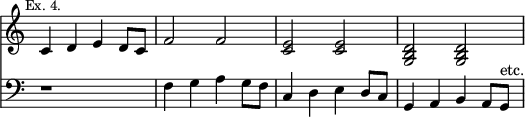 { << \new Staff \relative c' { \time 4/4 \override Score.TimeSignature #'stencil = ##f \mark \markup \small "Ex. 4."
 c4 d e d8 c | f2 f | <e c> q | <d b g> q }
\new Staff \relative f { \clef bass
 r1 | f4 g a g8 f | c4 d e d8 c | g4 a b a8 g^"etc." } >> }