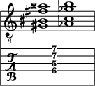  
<<
  %\override Score.BarLine.break-visibility = ##(#f #t #t)
  \time 2/1
    \new Staff  {
    \clef "treble_8"
        \once \override Staff.TimeSignature #'stencil = ##f
        <  gis bis fis' aisis'>1 | <  aes c' ges' b'>1 |
    }

     \new TabStaff {
       \override Stem #'transparent = ##t
       \override Beam #'transparent = ##t 
      s2 <  gis\4 c'\3 fis'\2 b'\1>1 s2
  }
>>
