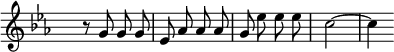 
\relative c''{
\override Staff.TimeSignature #'transparent = ##t
\autoBeamOff
\time 2/4 
\key ees \major
  r8 g g g | ees aes aes aes | g ees' ees ees | c2~| c4
}
