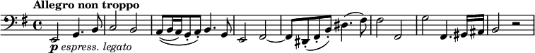 \relative c, {
\tempo "Allegro non troppo"
\key e \minor
\clef "bass"
e2-\markup{\dynamic "p" \italic "espress. legato"} g4. b8 | c2 b | a8[\(( b16 a) g8-. a-.]\) b4. g8 | e2 fis~ |
fis8 dis-.( fis-. b-.) dis4.( fis8) | fis2 fis, | g' fis,4. gis16 ais | b2 r |
}