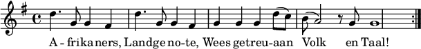 
\relative g' { \set Staff.midiInstrument = #"trumpet" \set Score.tempoHideNote = ##t \tempo 4 = 108 \key g \major \time 4/4
{ d'4. g,8 g4 fis | d'4. g,8 g4 fis | g g g d'8 (c) | b (a2) r8 g8 | g1 \bar  ":|." } }
\addlyrics { A -- fri -- ka -- ners, Land -- ge no -- te, Wees ge -- treu -- aan Volk en Taal!}
