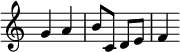  \relative g' { \time 2/4 \override Score.TimeSignature #'stencil = ##f g4 a | b8 c, d e | f4 } 